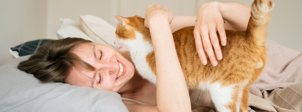 Femme souriant allongée dans son lit, caressant un chat roux et blanc.
